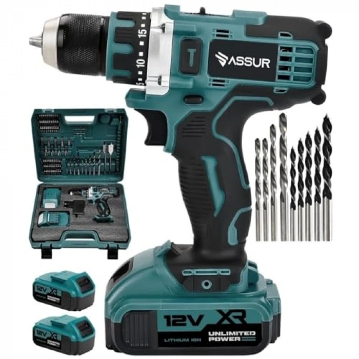 12V akülü matkap, 84 parça uç seti ile