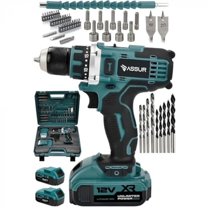 12V akülü matkap, 84 parça uç seti ile