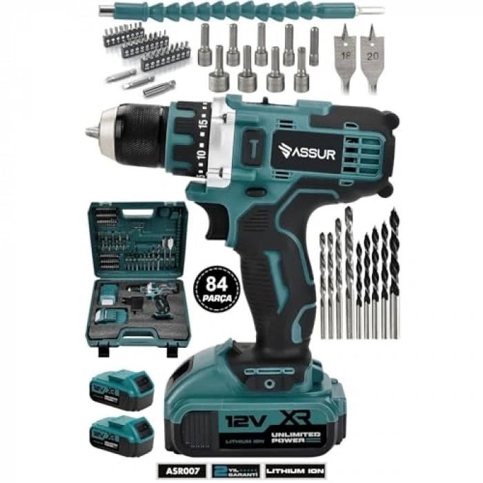 12V akülü matkap, 84 parça uç seti ile