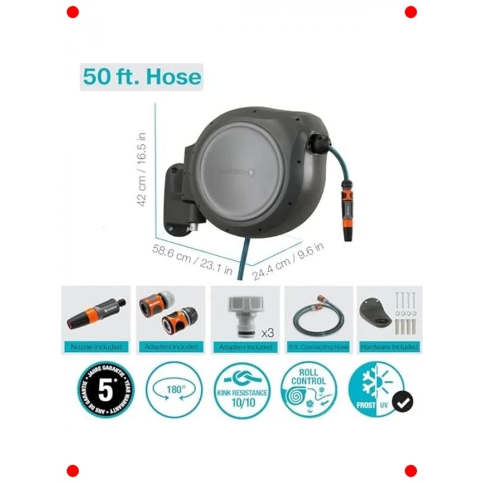 15 Metre Geri Çekilebilir Duvara Monte Hortum Makarası