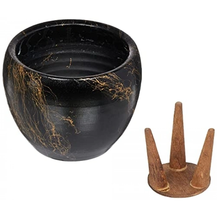 16 cm Siyah Üzeri Gold Mermer Efektli İkili Saksı