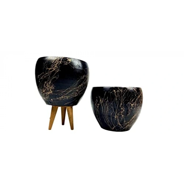 16 cm Siyah Üzeri Gold Mermer Efektli İkili Saksı