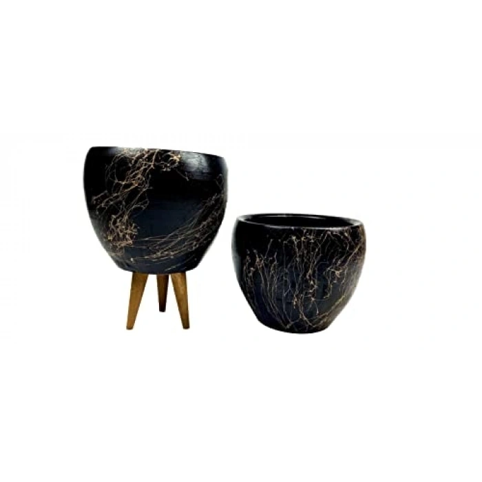 16 cm Siyah Üzeri Gold Mermer Efektli İkili Saksı