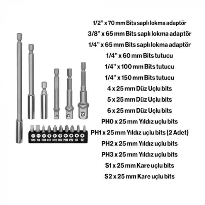 16 Parça Mıknatıslı Bits Uç Seti, Çeşitli Uçlar