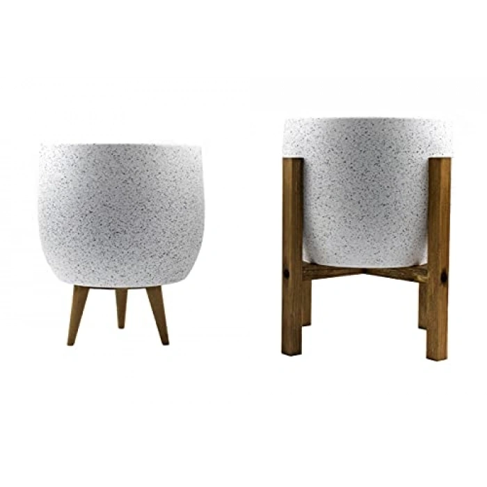 19 cm Beyaz Granit İkili Saksı Seti, 3 Ayaklı