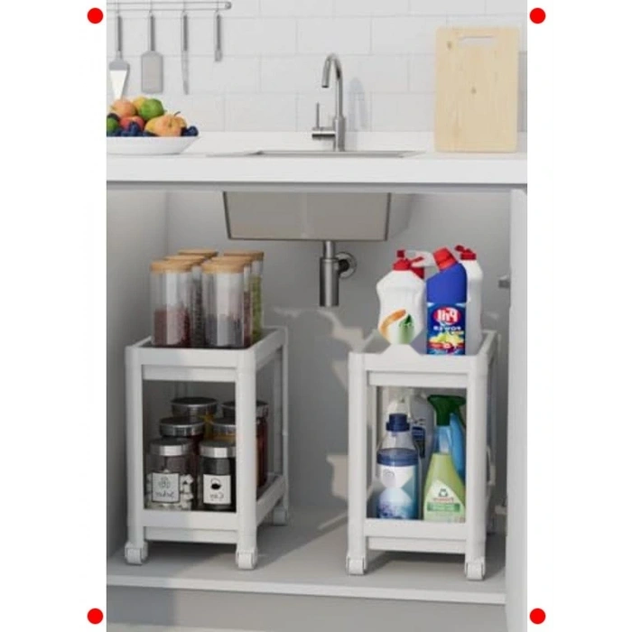 2 Adet 2 Katlı Tekerlekli Çok Amaçlı Raf Seti