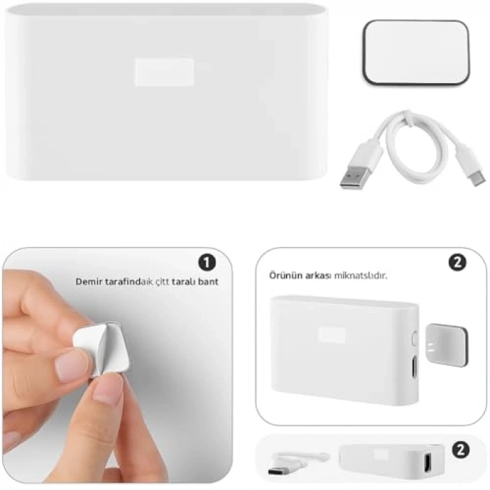 2 Adet Beril İki Yönlü Sensörlü Şarjlı LED Aplik, 5W 2700K Sıcak Işık, DC 5V, 110° Hareket Algılama, 3-5m Sensör Mesafesi, 20 Saat Sabit Işık Süresi, Otomatik/Manuel Modlu – ABS Gövde