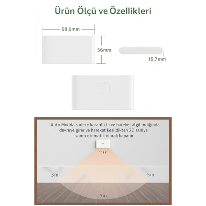 2 Adet Beril İki Yönlü Sensörlü Şarjlı LED Aplik, 5W 2700K Sıcak Işık, DC 5V, 110° Hareket Algılama, 3-5m Sensör Mesafesi, 20 Saat Sabit Işık Süresi, Otomatik/Manuel Modlu – ABS Gövde