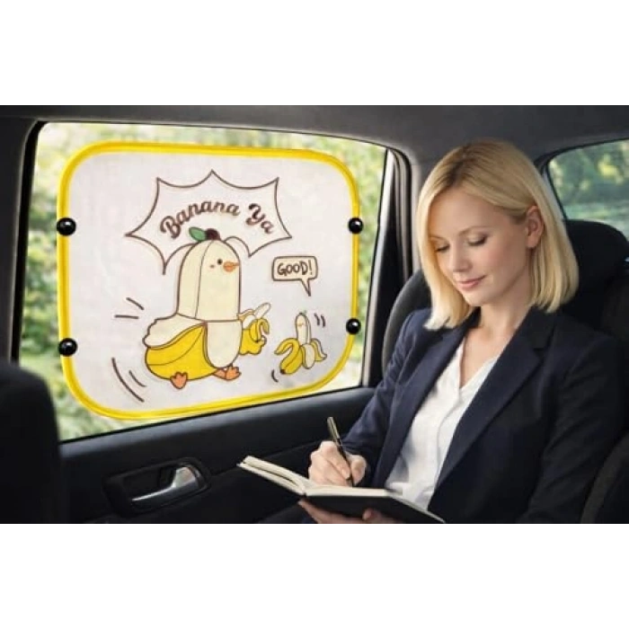 2 Adet Sarı Beyaz Bananalı Araba Yan Cam Güneşlik, Ön Cam Perde