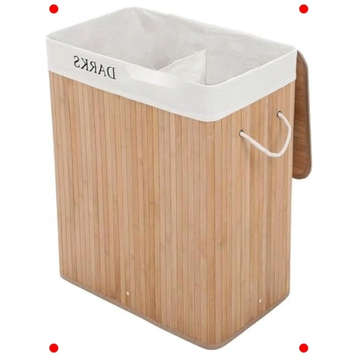 2 Bölmeli Katlanabilir Doğal Bambu Çamaşır Sepeti