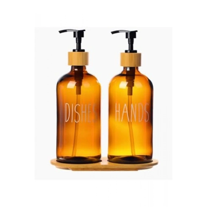 2li Bambu Standlı Cam Sıvı Sabunluk Seti, 475 ml