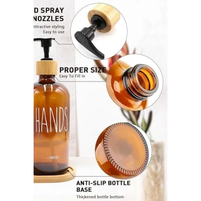 2li Bambu Standlı Cam Sıvı Sabunluk Seti, 475 ml