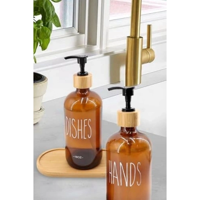 2li Bambu Standlı Cam Sıvı Sabunluk Seti, 475 ml