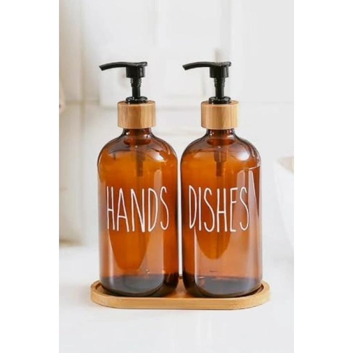 2li Bambu Standlı Cam Sıvı Sabunluk Seti, 475 ml