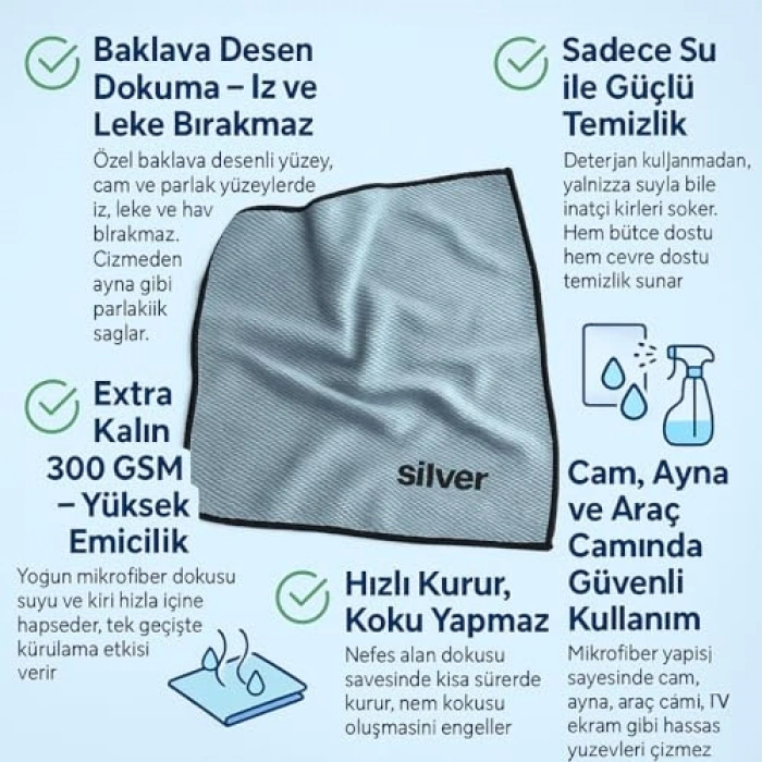 2li Extra Kalın Krofiber Cam Bezi, 300 GSM, 40x40 cm, İz Bırakmaz