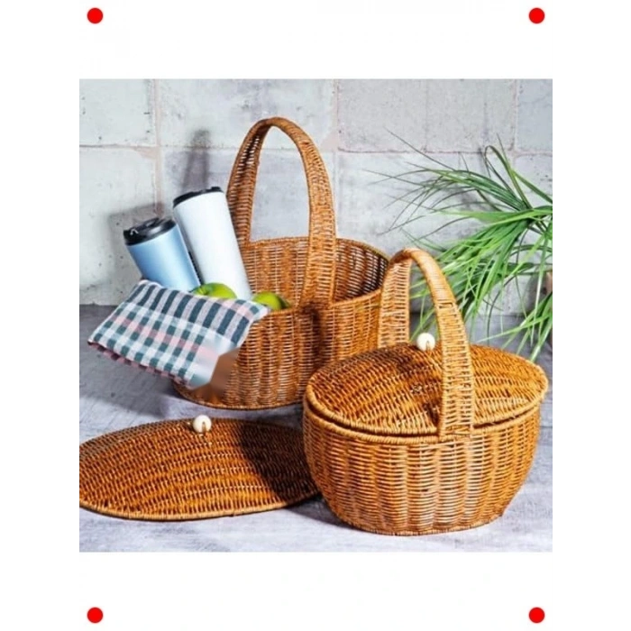 2li Kapaklı Hasır Piknik Sepeti Seti, Kulplu