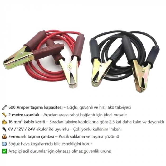 2 Metre 16mm² Kalın Akü Takviye Kablosu, 600 Amper