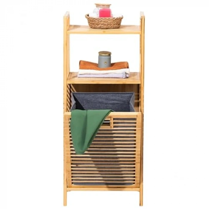 2 Raflı Bambu Banyo Dolabı, Çamaşır Sepeti