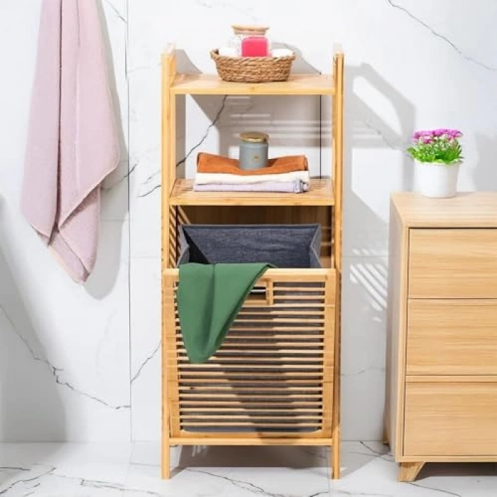 2 Raflı Bambu Banyo Dolabı, Çamaşır Sepeti