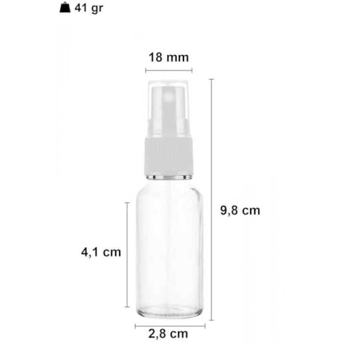 20 ml Beyaz Spreyli Şeffaf Cam Şişe, 6 Adet