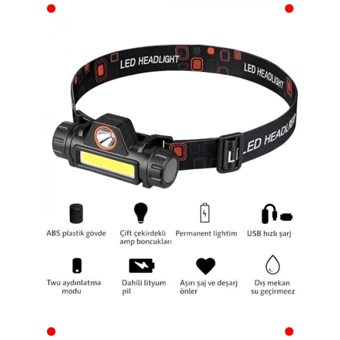 200 Lümen USB Şarjlı Su Geçirmez LED Kafa Feneri