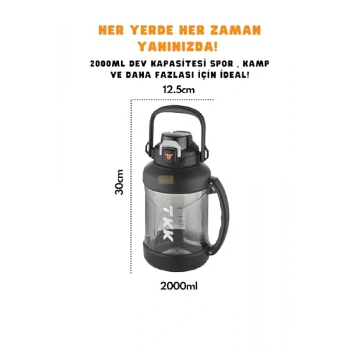 2000ml Pipetli Su Matarası, Kullanımı Kolay ve Boyun Askılı