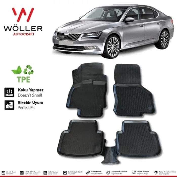 2015-2024 Skoda Superb için 3D havuzlu paspas seti