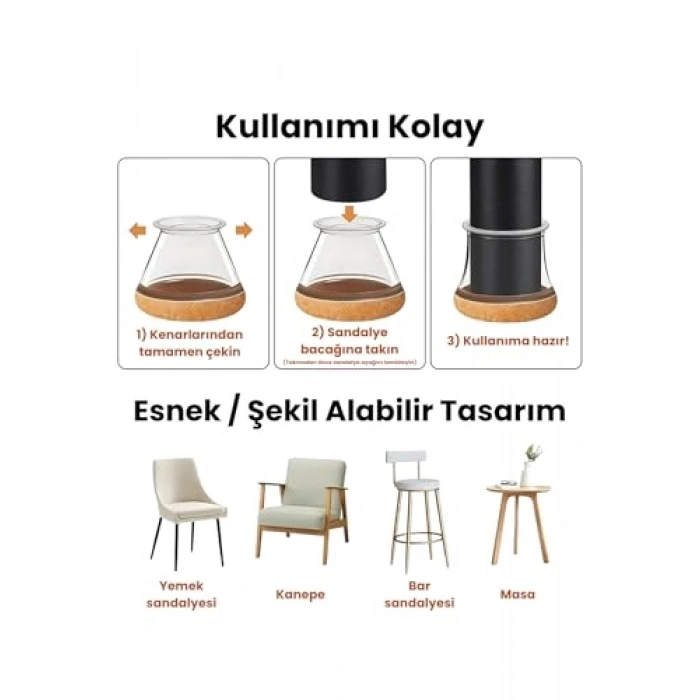 24 Adet Yuvarlak Sandalye Papucu - 2.3-2.7 cm Şeffaf Silikon