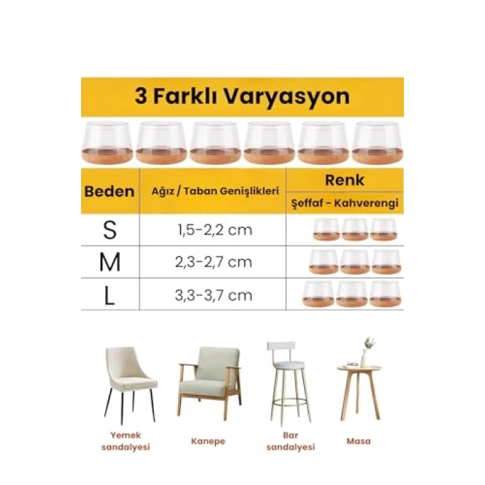 24 Adet Yuvarlak Sandalye Papucu - 2.3-2.7 cm Şeffaf Silikon