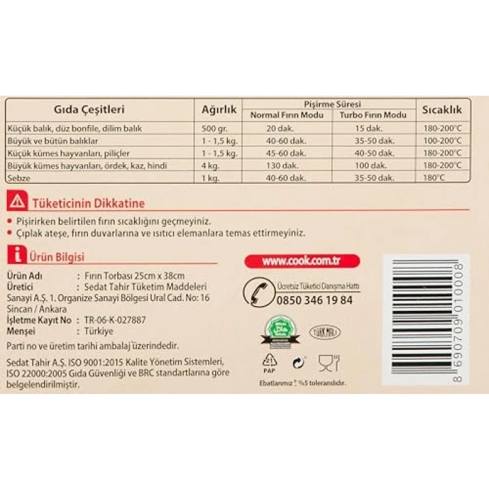 25 x 38 cm Fırın Torbası, 8 Adet/Kutu İçinde