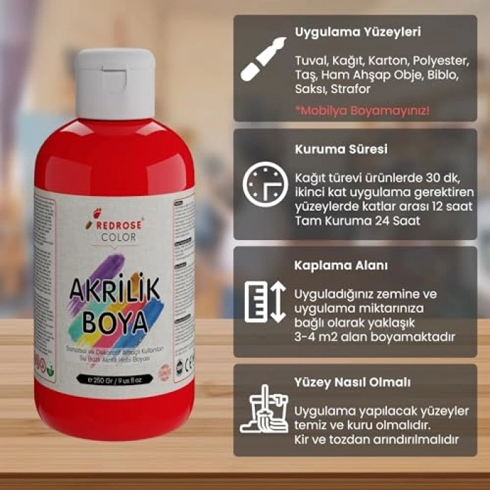 250 gr Kırmızı Akrilik Boya, Yüksek Kaliteli