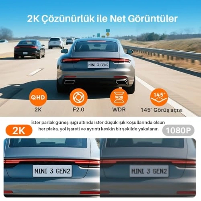 2K 1296P Gece Görüşlü Akıllı Araç Kamerası, 145° Geniş Açı