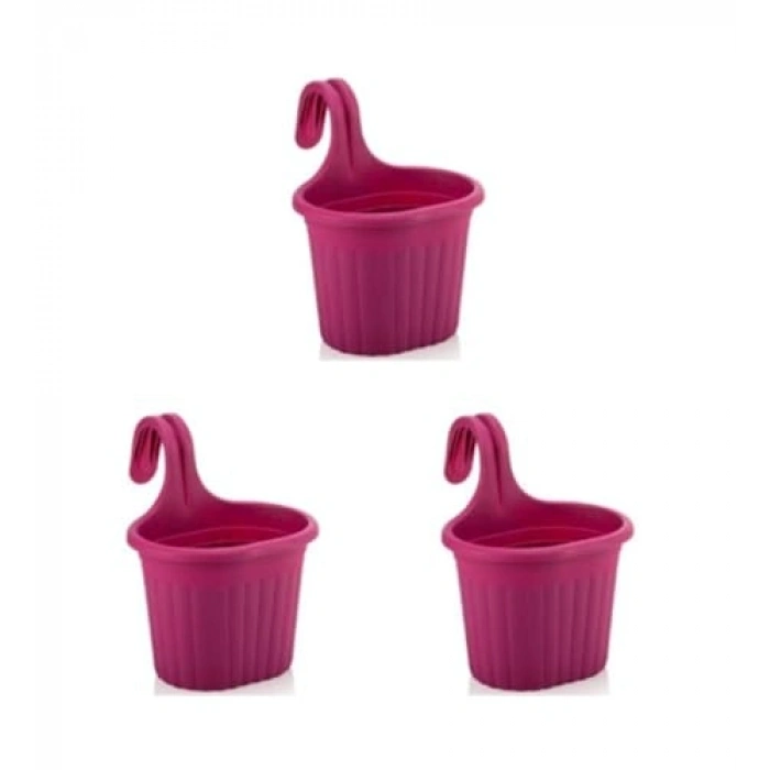 3 Adet 3 Litre Askılı Balkon Saksı Seti, Fusya Renk