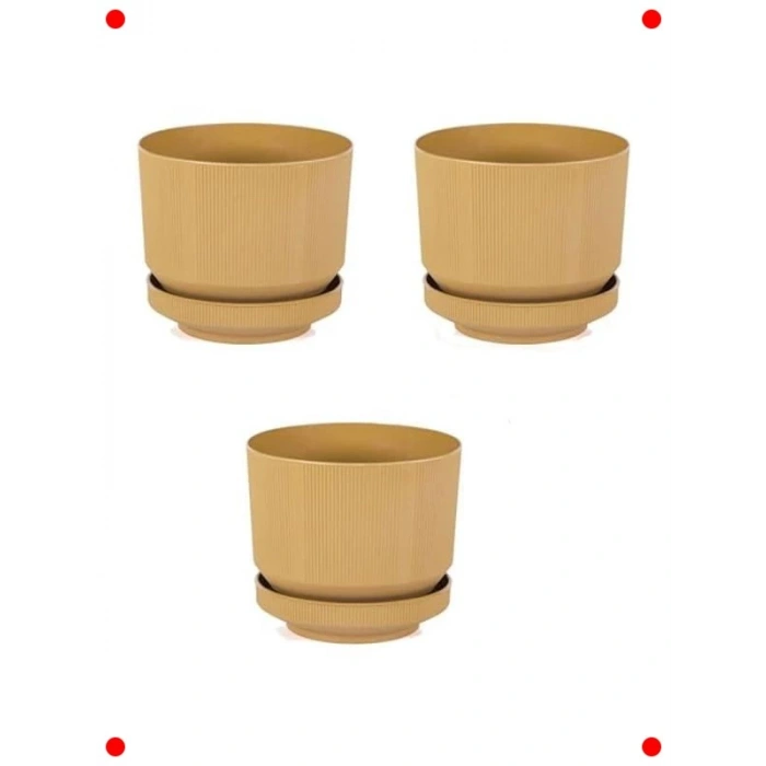 3 Adet Hardal Renkli Plastik Tabaklı Saksı Seti - 1.7Lt