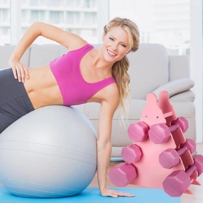 3 Adet Pembe Dambıl Seti ve Stand, 1-2-3 Kg Ağırlıklar