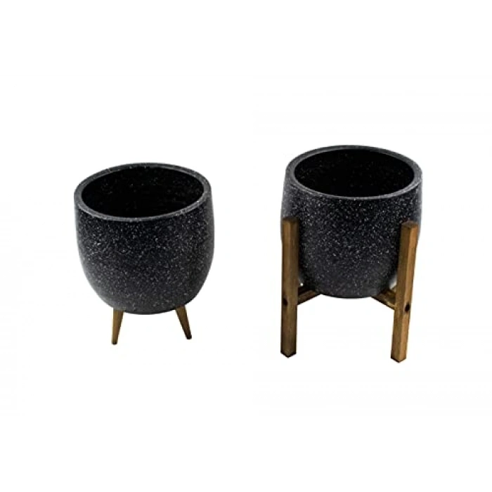 3 Ayaklı ve 4 Ayaklı İkili Set Gri Granit Saksı, 19 cm