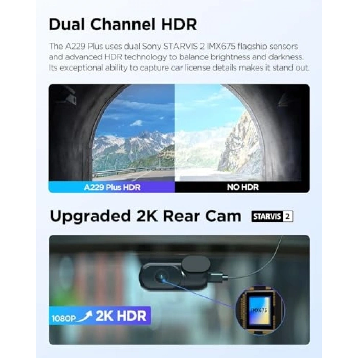 3 Kameralı Araç Kamerası, Ön-İç-Arka 2K HDR Özellikli