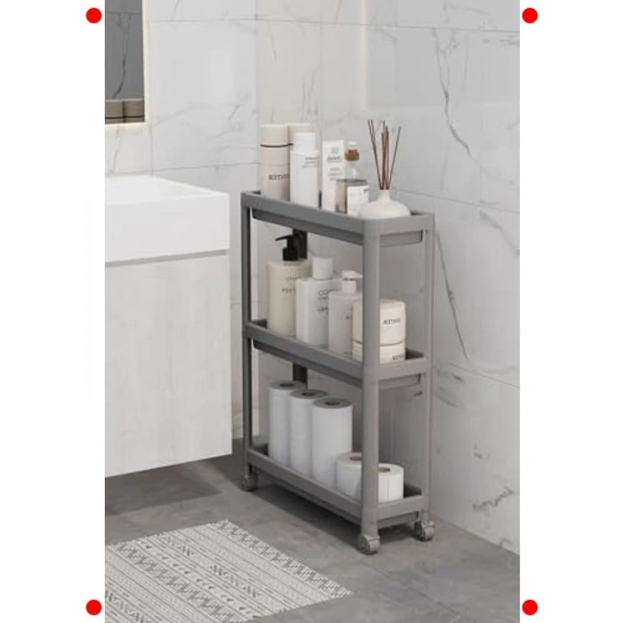 3 Katlı Tekerlekli Slim Mutfak/Banyo Rafı - Gri