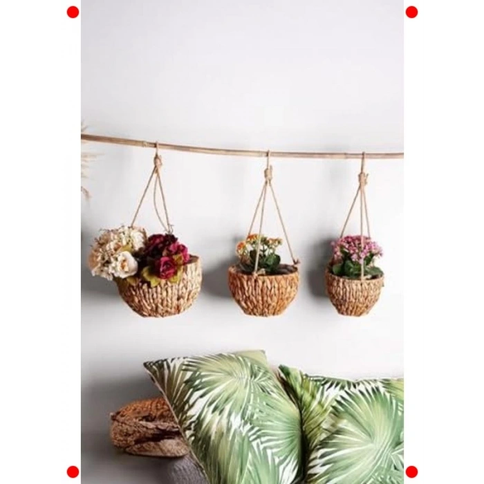 3lü El Yapımı Hasır Asılabilir Yuvarlak Saksılık Seti