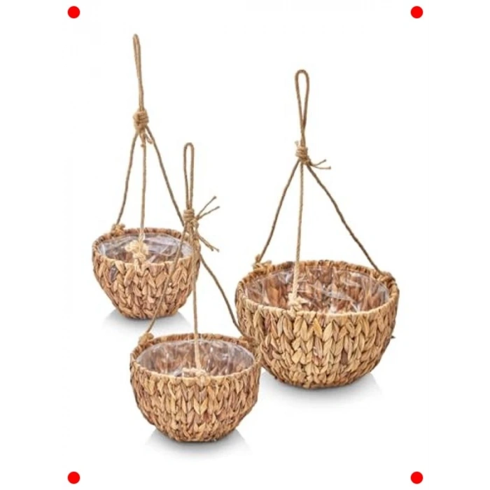 3lü El Yapımı Hasır Asılabilir Yuvarlak Saksılık Seti