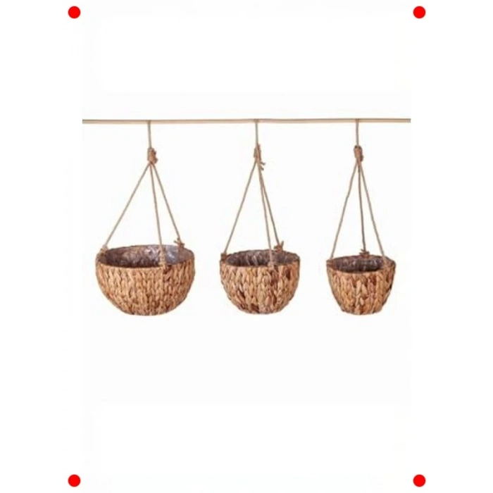 3lü El Yapımı Hasır Asılabilir Yuvarlak Saksılık Seti