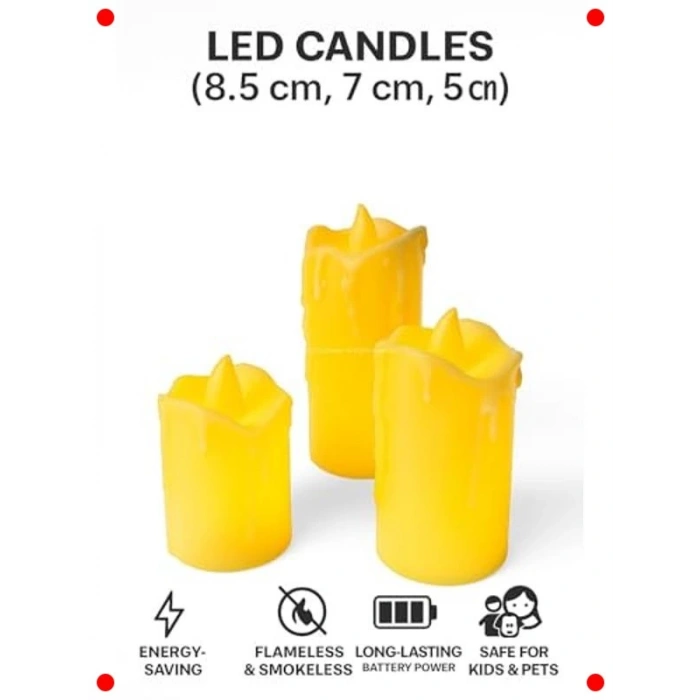 3lü LED Dekoratif Elektronik Mum Seti - Farklı Boylar