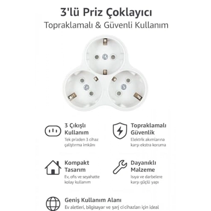 3lü Topraklı Priz, 16A, 250V, Dayanıklı Plastik Gövde