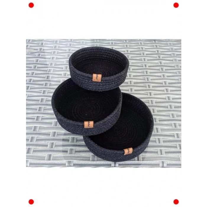 3lü Yuvarlak Siyah Hasır Örme Dekoratif Sepet Seti