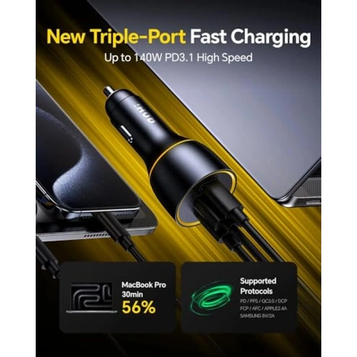 3 Portlu Hızlı Şarj Araç İçi Adaptörü 170W PD