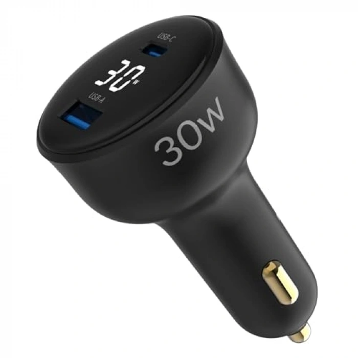 30W LED Ekranlı Type-C ve USB-A Araç Şarj Aleti