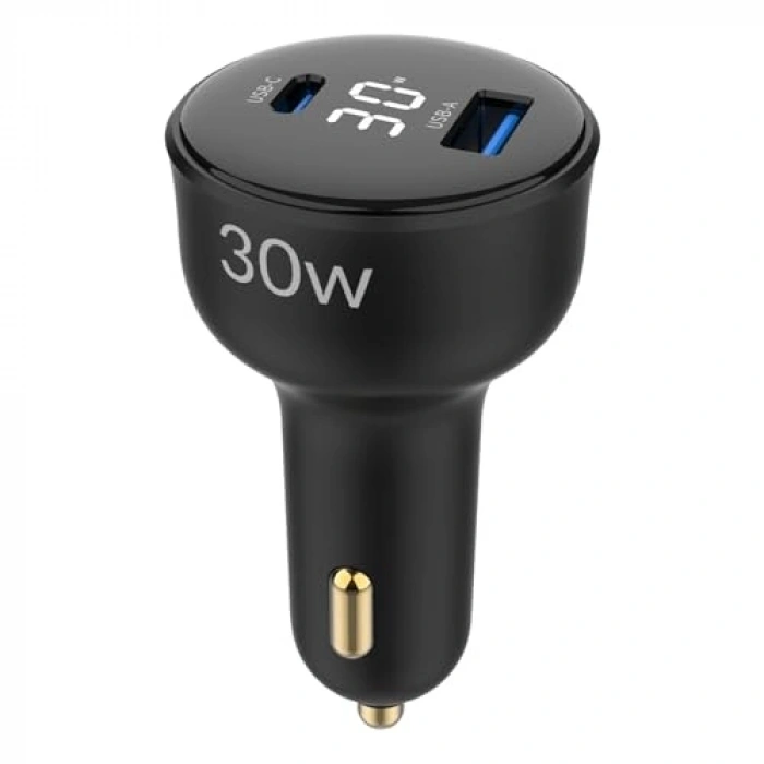 30W LED Ekranlı Type-C ve USB-A Araç Şarj Aleti