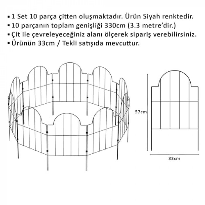 330 cm Siyah Bahçe Çiti Seti - 10 Parça Mini Bahçe ve Hobi Kullanımı