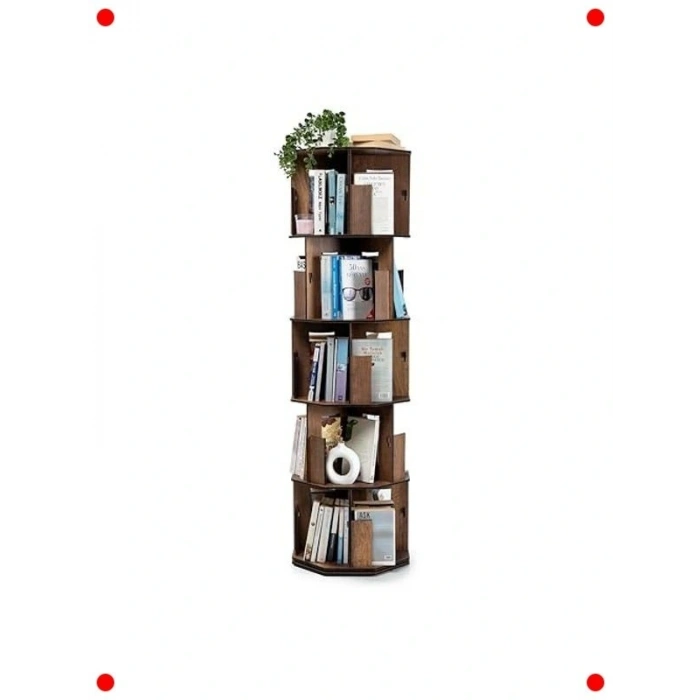360° Döner Ahşap Kitaplık - Ceviz, 5 Raflı