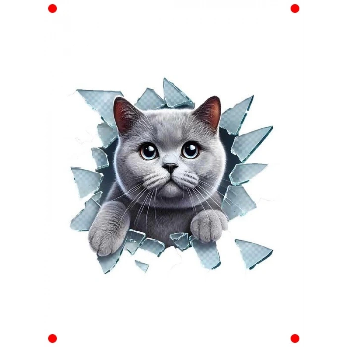 3D Kırık Cam Efektli Kedi Stickerı - Gri Kedi